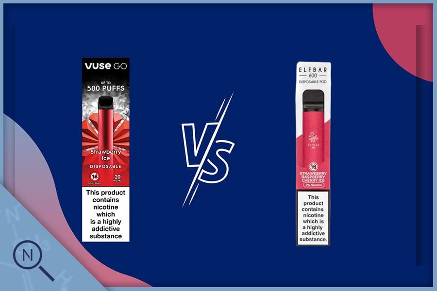 A banner with a picture of a Vuse Go vape box and Elf Bar 600 vape box, with a versus symbol inbetween