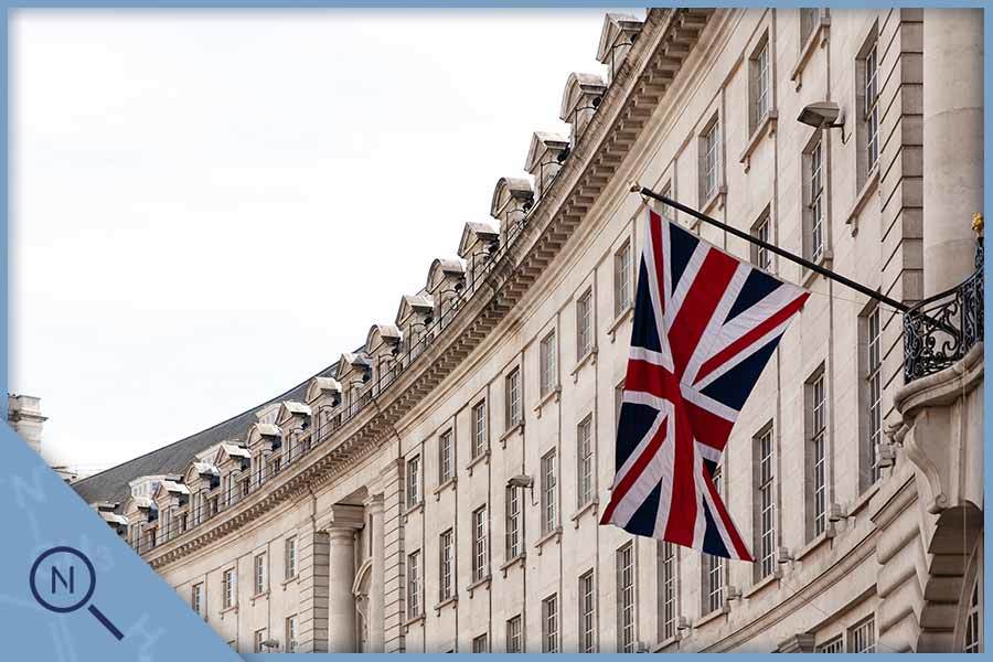 Picture of a Union Jack flag hung from a building